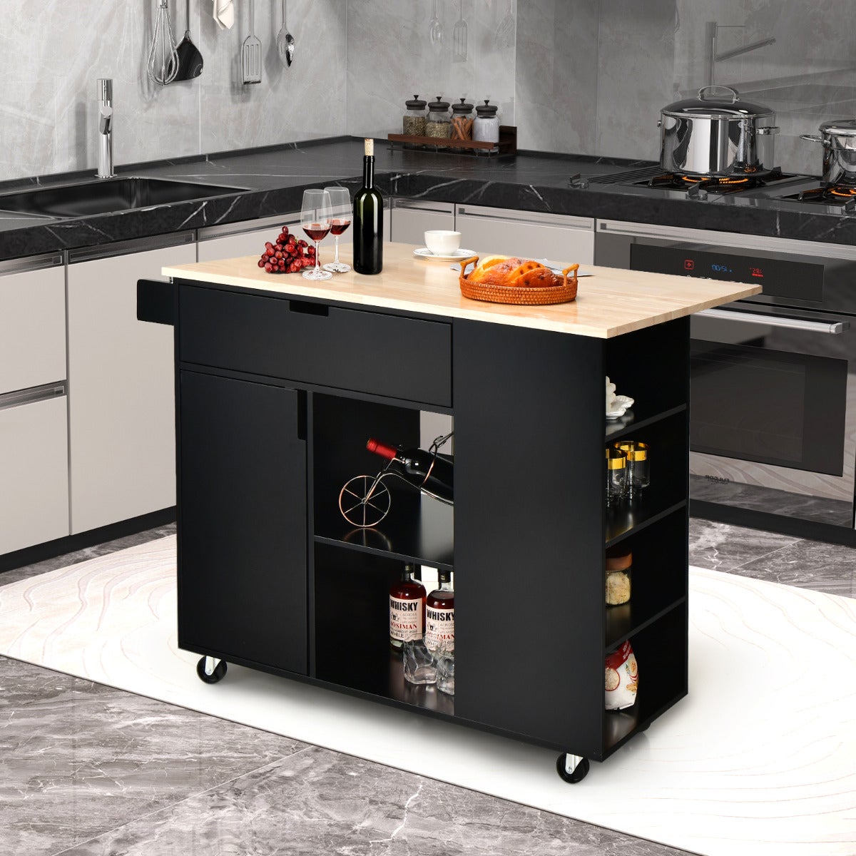 Isla de cocina con hoja abatible carrito de servicio rodante tapa de madera caucho con cajón y estante 124x76x92 cm negro