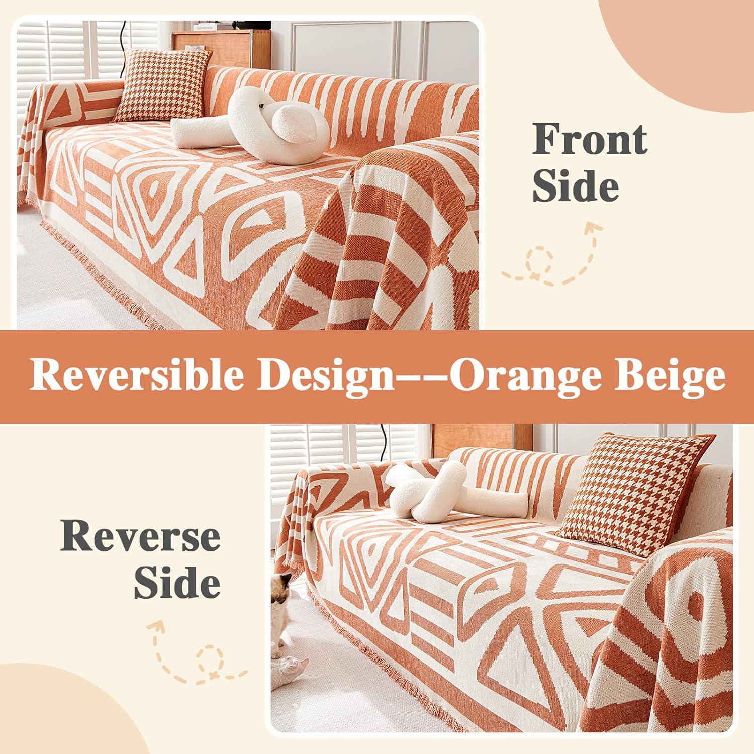 DREAMINGO Copridivano reversibile in ciniglia per divano a 3 cuscini per animali domestici, per cani e gatti, stile bohémien, lavabile, motivo geometrico kaki, XL, 180 x 340 cm