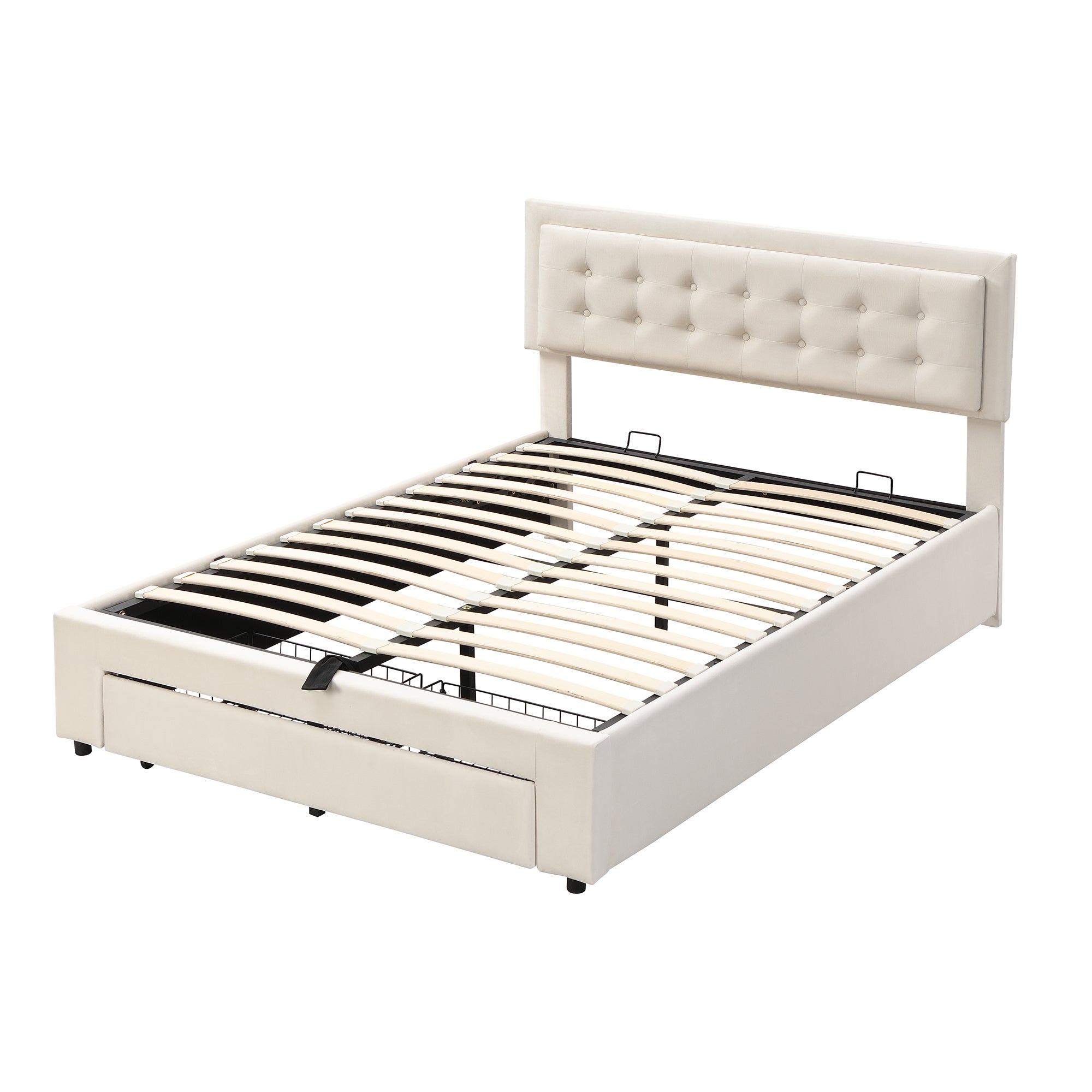 Cama contenedor con cabecero - 140 x 200 cm - 2 cajones - terciopelo - somier de láminas - estilo contemporáneo - blanco - 8