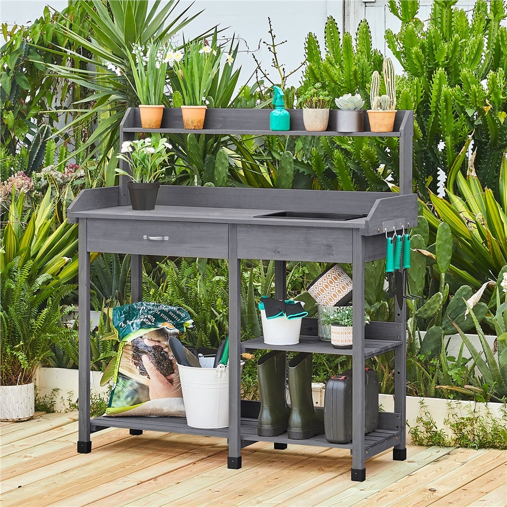 Table de Jardinage en Bois avec Évier Amovible, Tiroir, Crochets et Étagères de Rangement, Gris Yaheetech - 2
