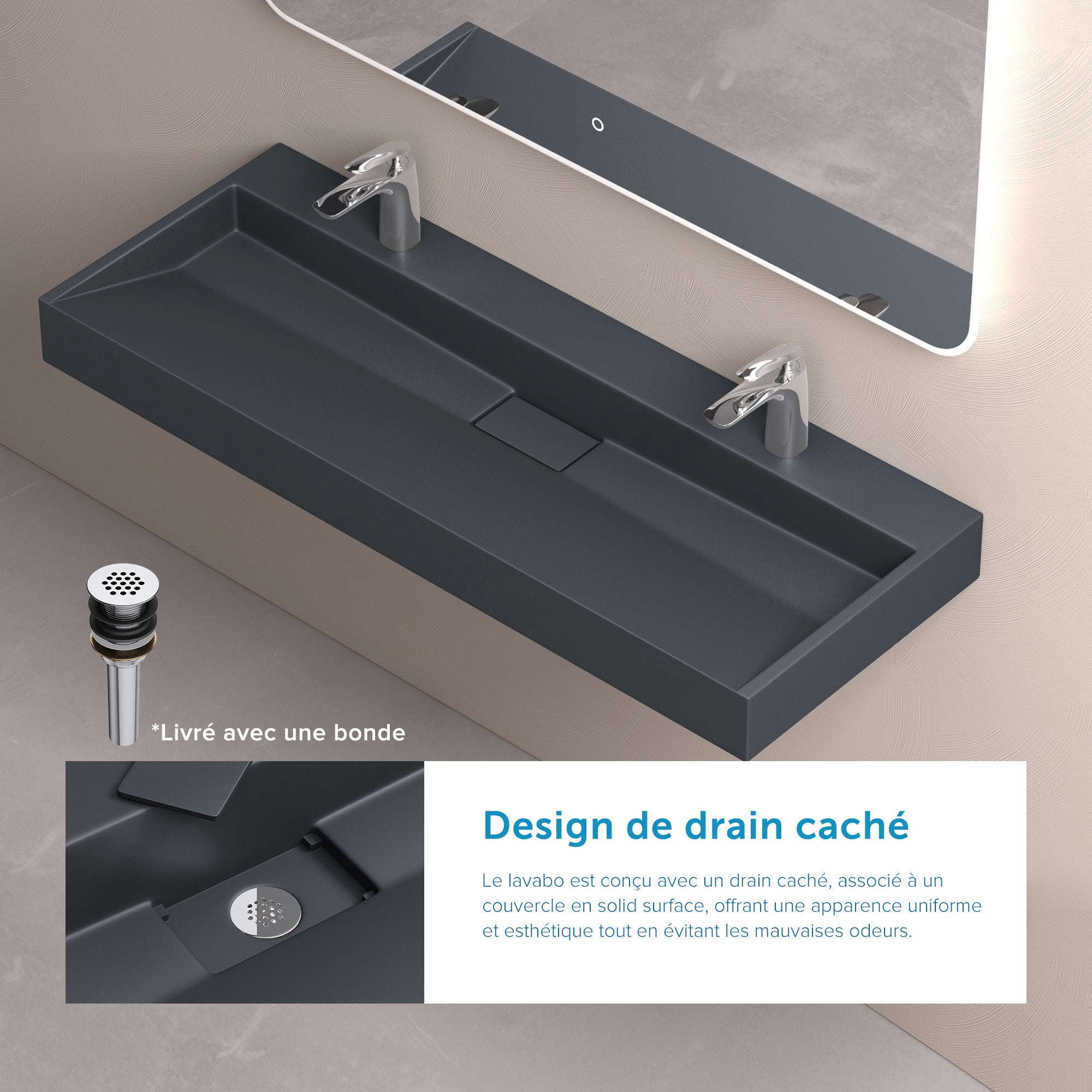 Lavabo Suspendu, Vasque à Poser, Lave-Mains Rectangulaire, 120x46x11cm, Gris Noir Mat, avec Bonde, Colossum19 doporro - 3