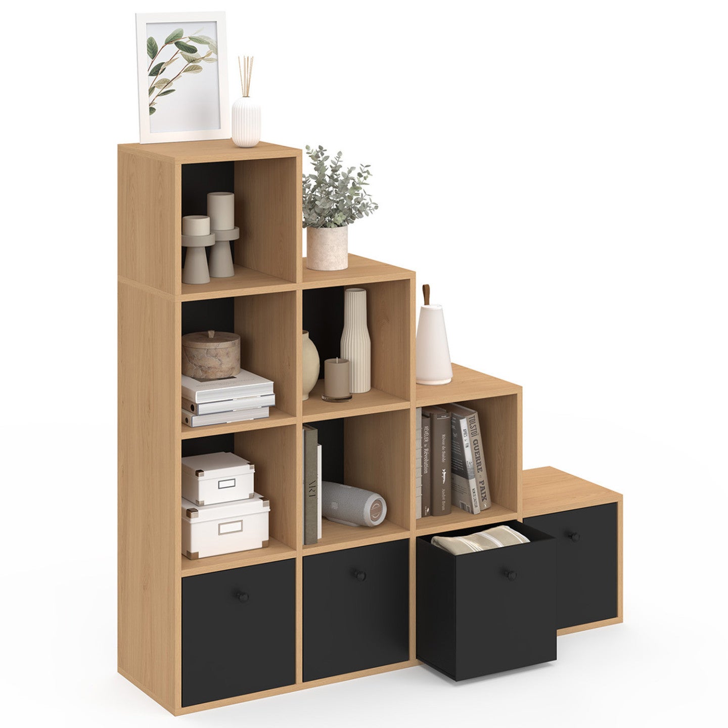 Meuble de rangement en escalier LORYS 4 niveaux bois et noir avec 4 tiroirs en tissu - 4