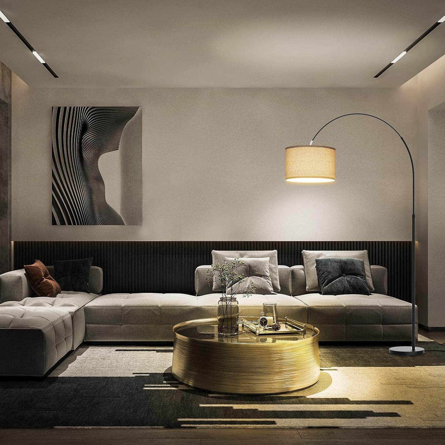 Lampadaire Arc 165-180 cm, Lumière Douce 3000K, LED E27 9W Incluse, Abat-Jour en Lin Beige, Éclairage Chaleureux pour Salon, Chambre, Bureau - 7