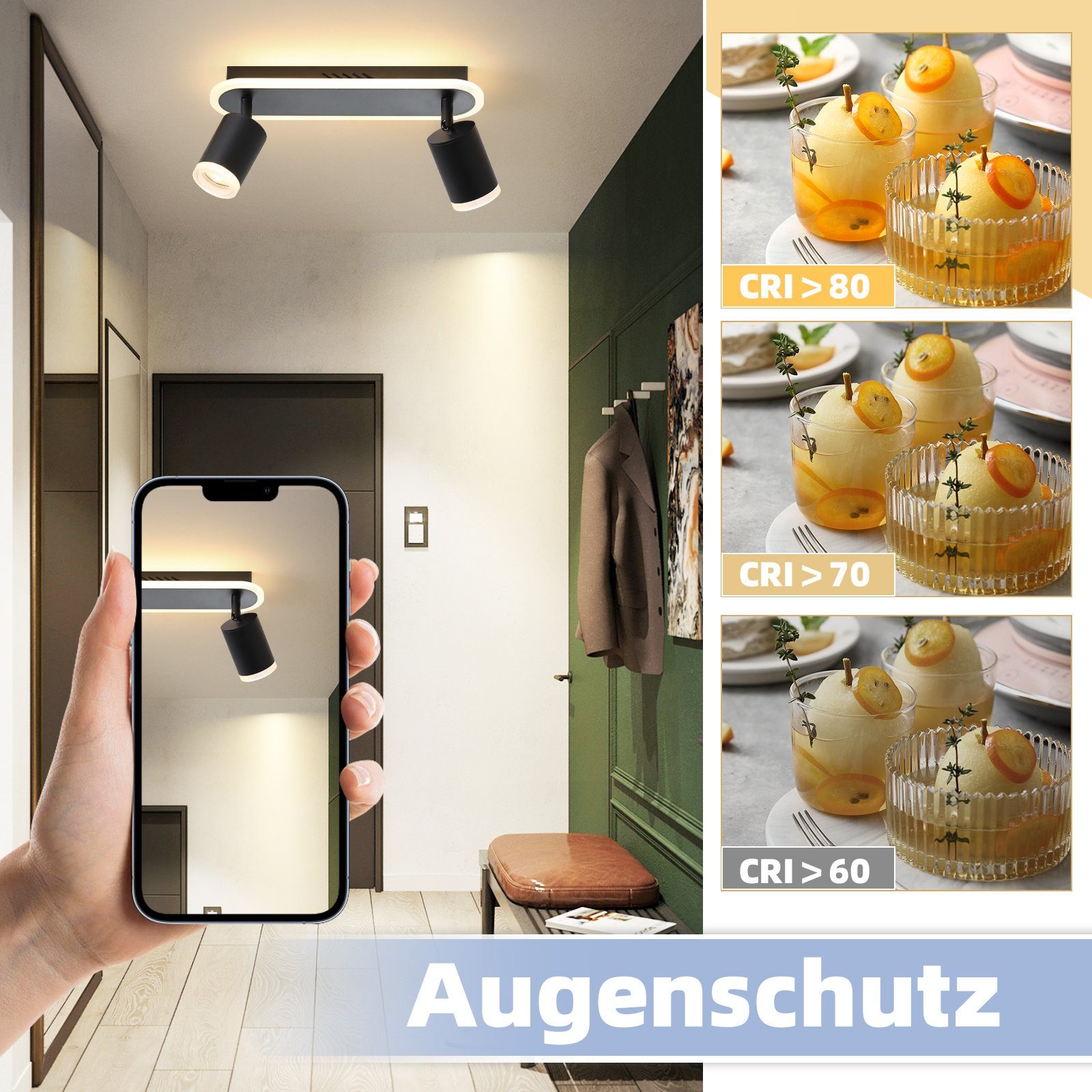 NETTLIFE 2 spots de plafond LED noir GU10 en métal, orientables à 330°, pour chambre couloir salle à manger cuisine salon, lumière blanc chaud - 6