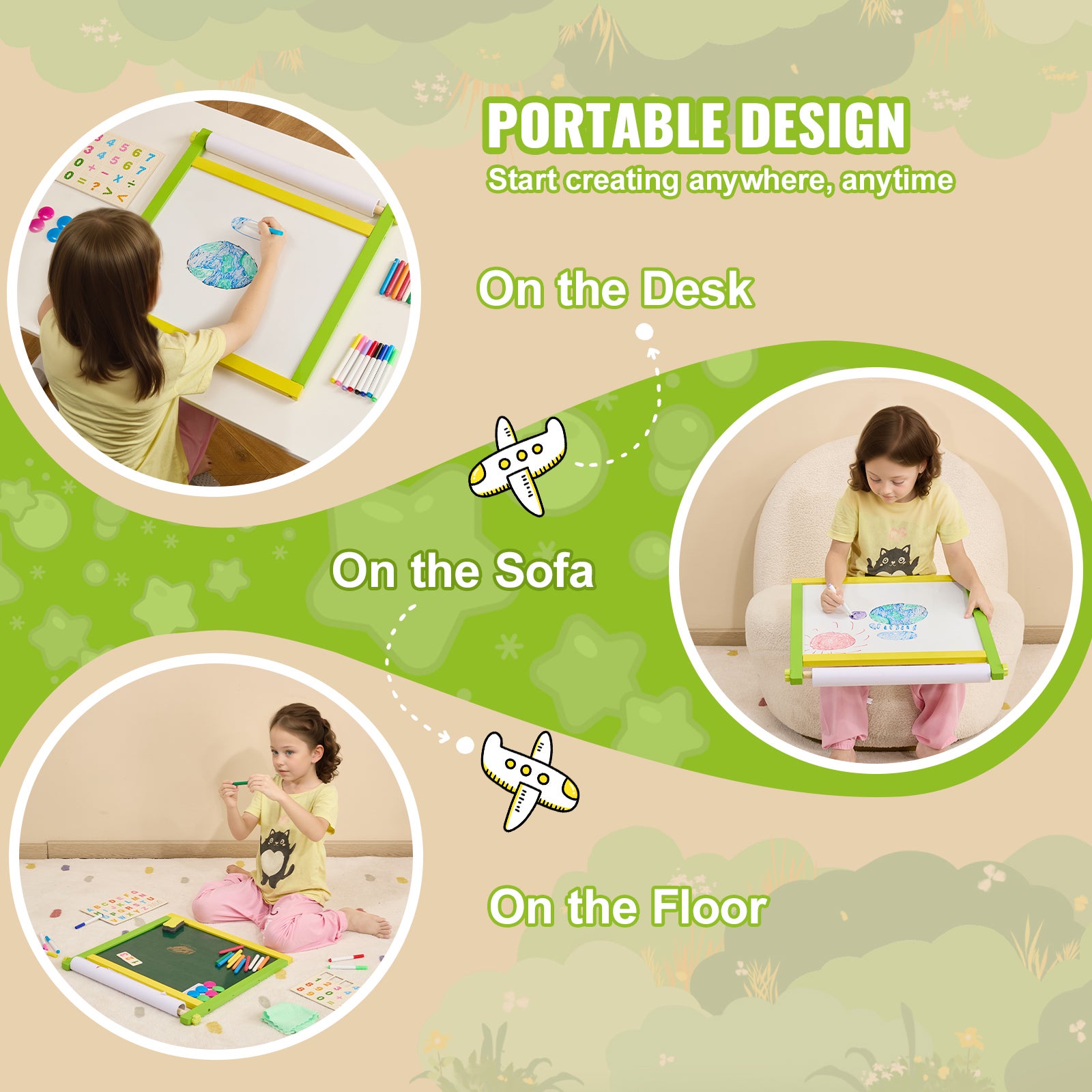 chevalet d'art de bureau pour enfants,VEVOR chevalet en bois réversible 3 en 1 avec tableau magnétique,papier à rouler,pliable,avec accessoires - 5