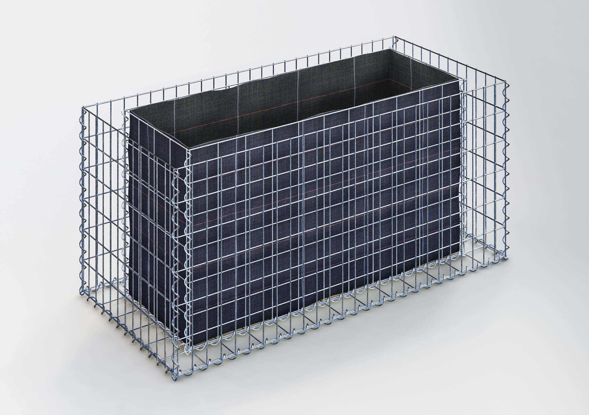 Prostokątna podwyższona donica gabionowa 130 cm x 60 cm x 60 cm (dł. x wys. x gł.), rozmiar oczek 5 x 10 cm, grubość ścianki 10 cm