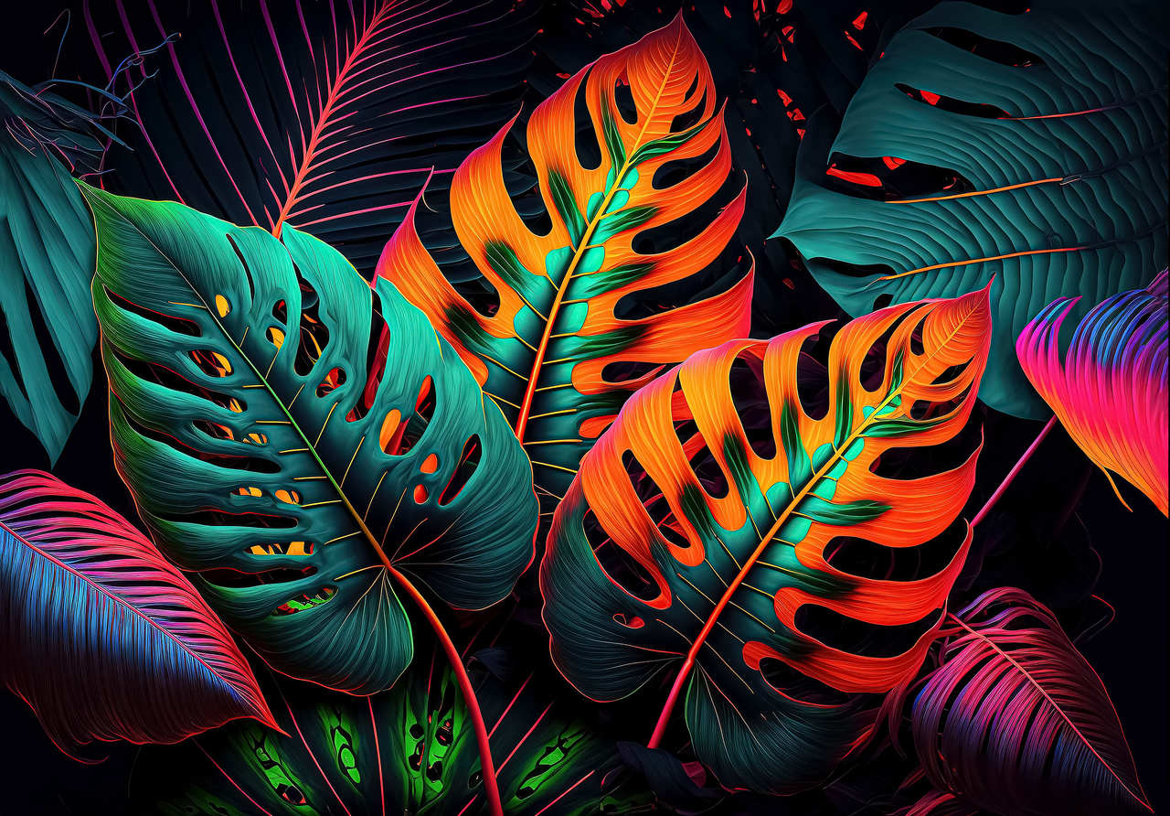 Fototapet frunze neon jungla Vlies Tapet Pentru Dormitor Camera Living Perete 416x254 cm