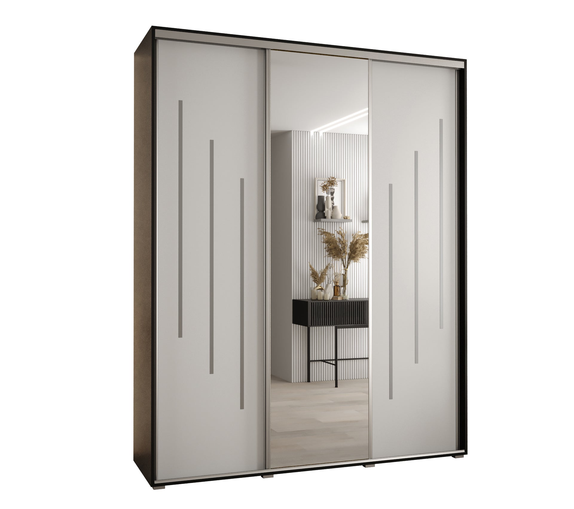 Szafa przesuwna z lustrem wysoka Davos 9 200 x 45 x 235,2 cm czarny + biały + u. srebrny - Abiks Meble