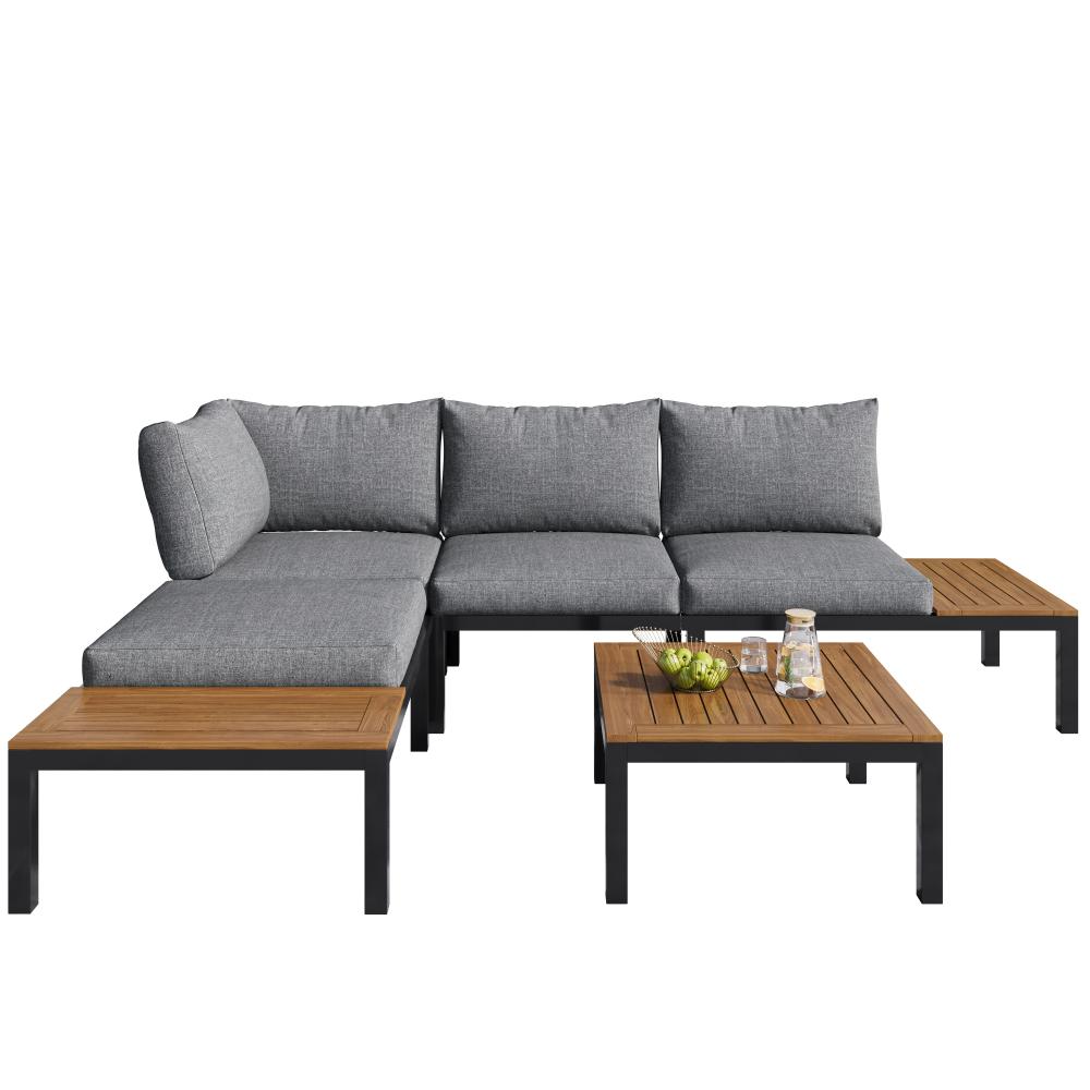 Ensemble Lounge de Jardin avec Structure en Acier Galvanisé, 2 Canapés 2 Places, 2 Tables Basses, 1 Table, Plateau en Bois d'Acacia - 9