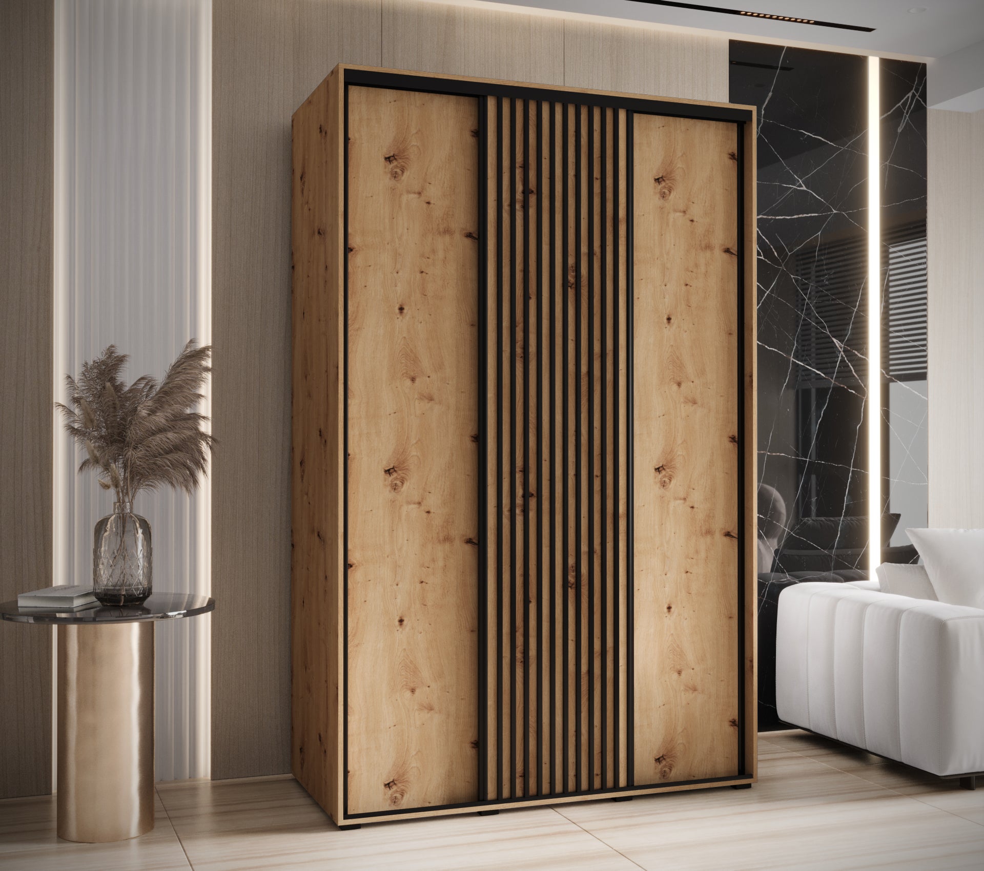 Szafa przesuwna wysoka Lanko 1 160 x 60 x 235,2 cm artisan + artisan + lamele czarny - Abiks Meble - 2