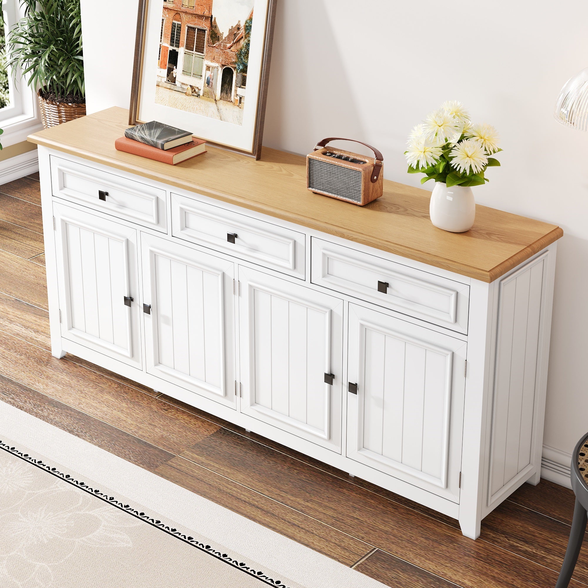 Nowoczesna komoda z 3 drzwiami i 2 szufladami - 160 x 35 x 76 cm - MDF - do salonu, kuchni - biała - 9
