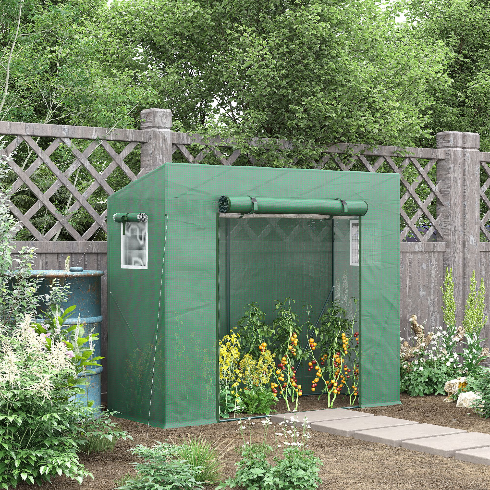 Serre de jardin protégée contre les UV, avec deux écrans et barres de renfort, fabriquée en acier et en polyéthylène vert. - 4
