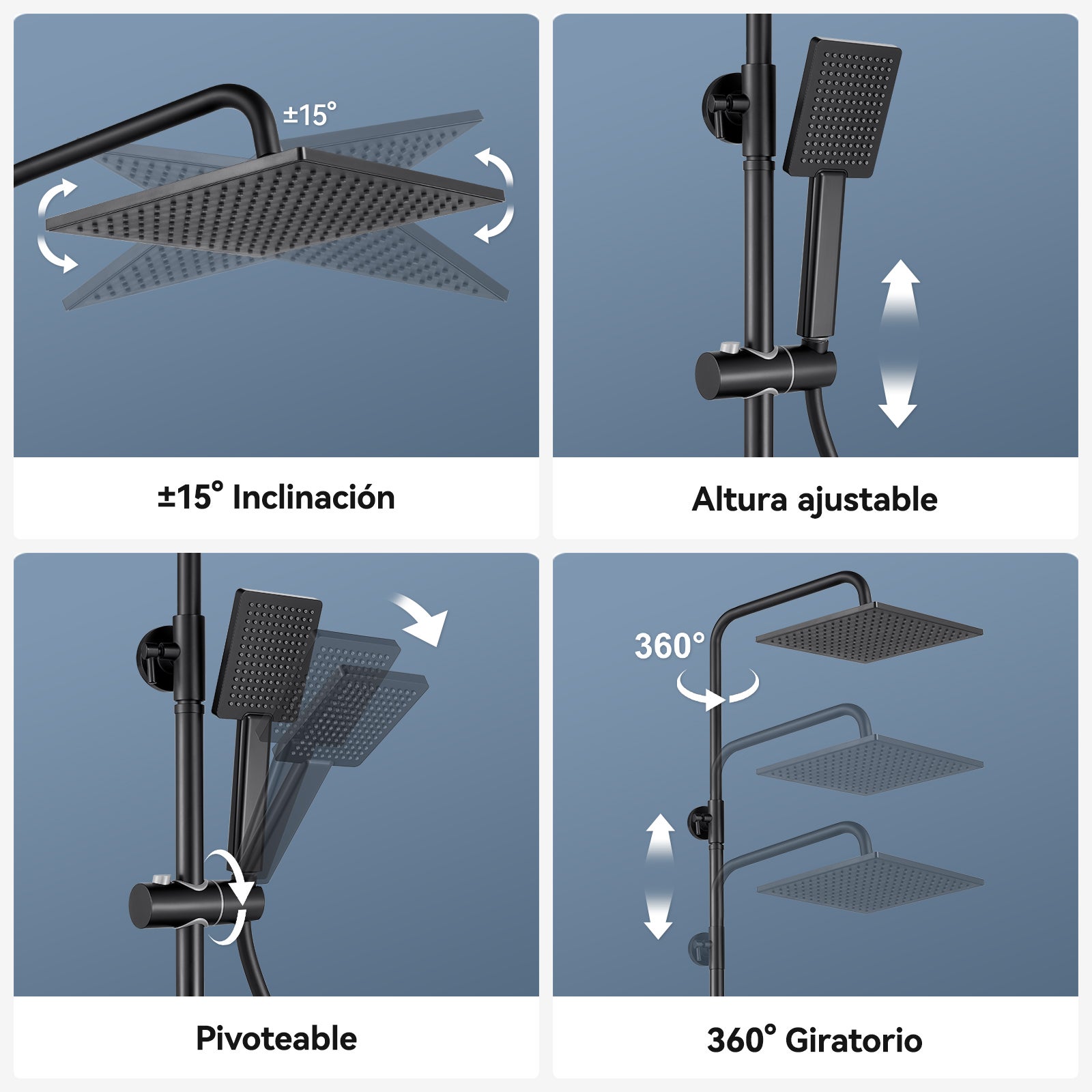 Colonne Douche Inox,Réglable Hauteur Ensemble Douche Murale avec Étagère Douche Set kit Douche sans Robinet avec Pommeau Douche Carré 25.5cm,Noir - 9