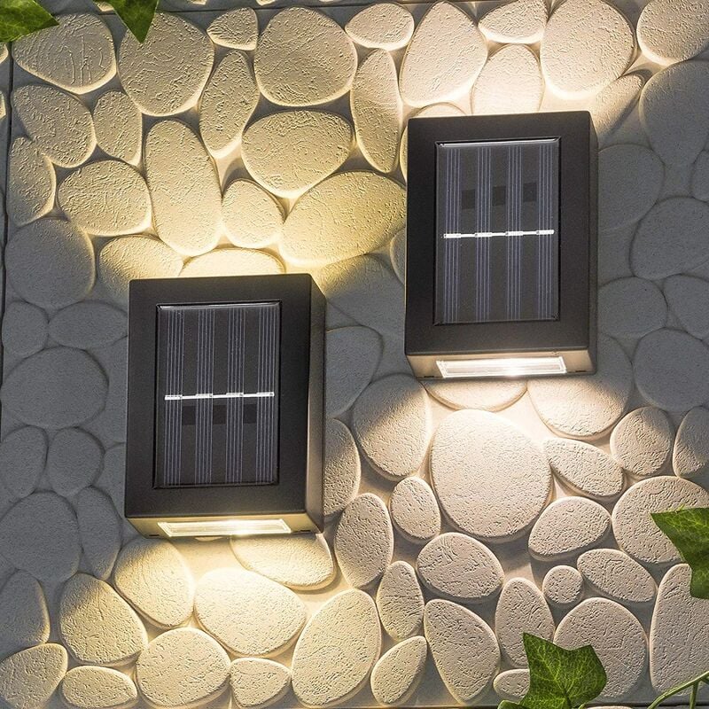 Zestaw 2 solarnych lamp ściennych góra i dół, energooszczędnych, wodoodpornych i pyłoszczelnych z ciepłobiałymi diodami LED do ogrodu i na taras