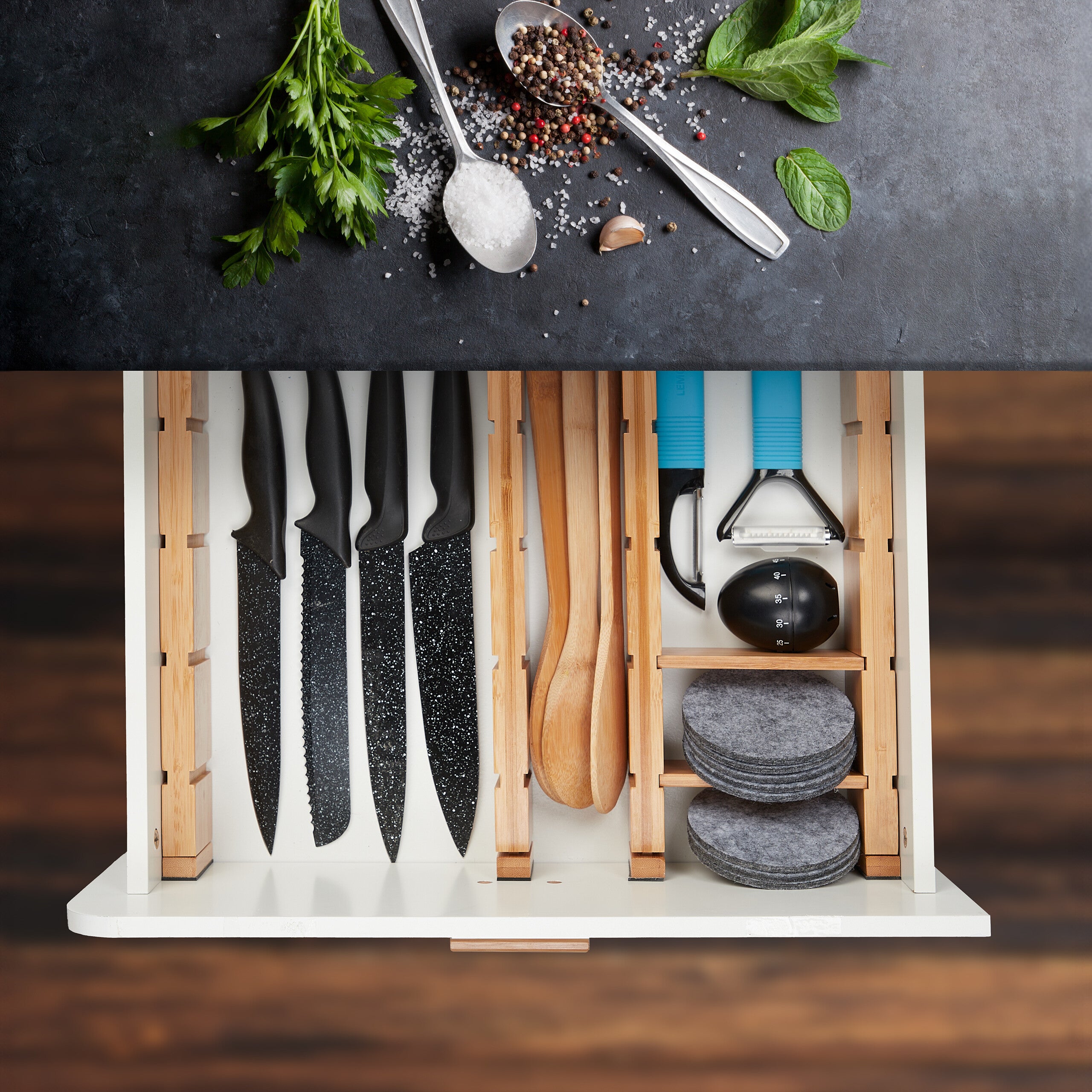 Séparateurs de tiroirs de cuisine, lot de 10, longueur réglable de 34 à 44 cm, bambou et silicone, naturel et noir, Relaxdays - 2