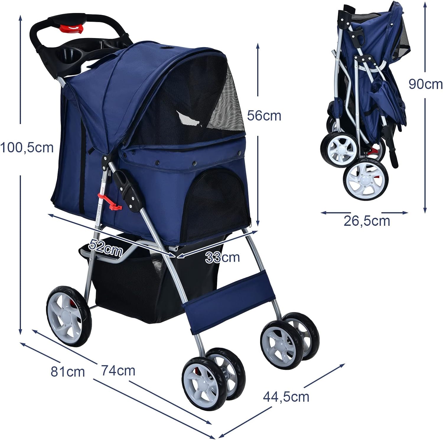 Passeggino per Cani Pieghevole, Carrozzina per Cani a 4 Ruote con Finestra a Rete Porta Bicchiere e Cesto, Passeggino Portatile per Animali Pi - 5