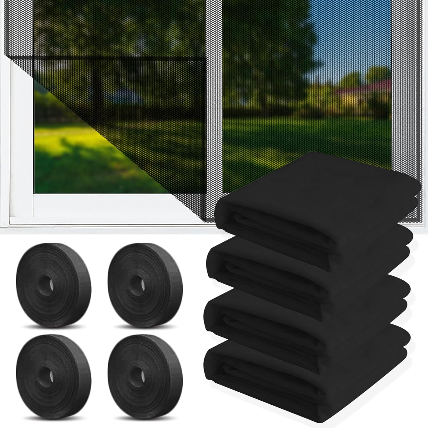 (4-częściowy zestaw w kolorze czarnym) Moskitiera okienna, 150 x 130 cm, tkanina moskitiery do przycinania z 4 rolkami pasków samoprzylepnych