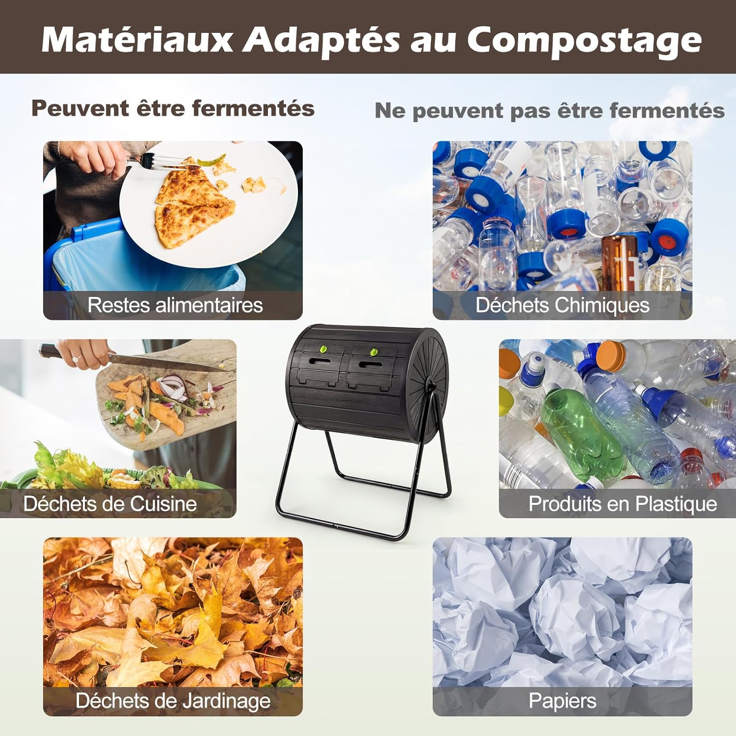 GIANTEX Composteur de Jardin 142 L à Double Chambre,Cadre en Métal Rotatif 360° ,2 Portes Verrouillables sans BPA,Déchets de Cuisine Jardin,Noir - 8