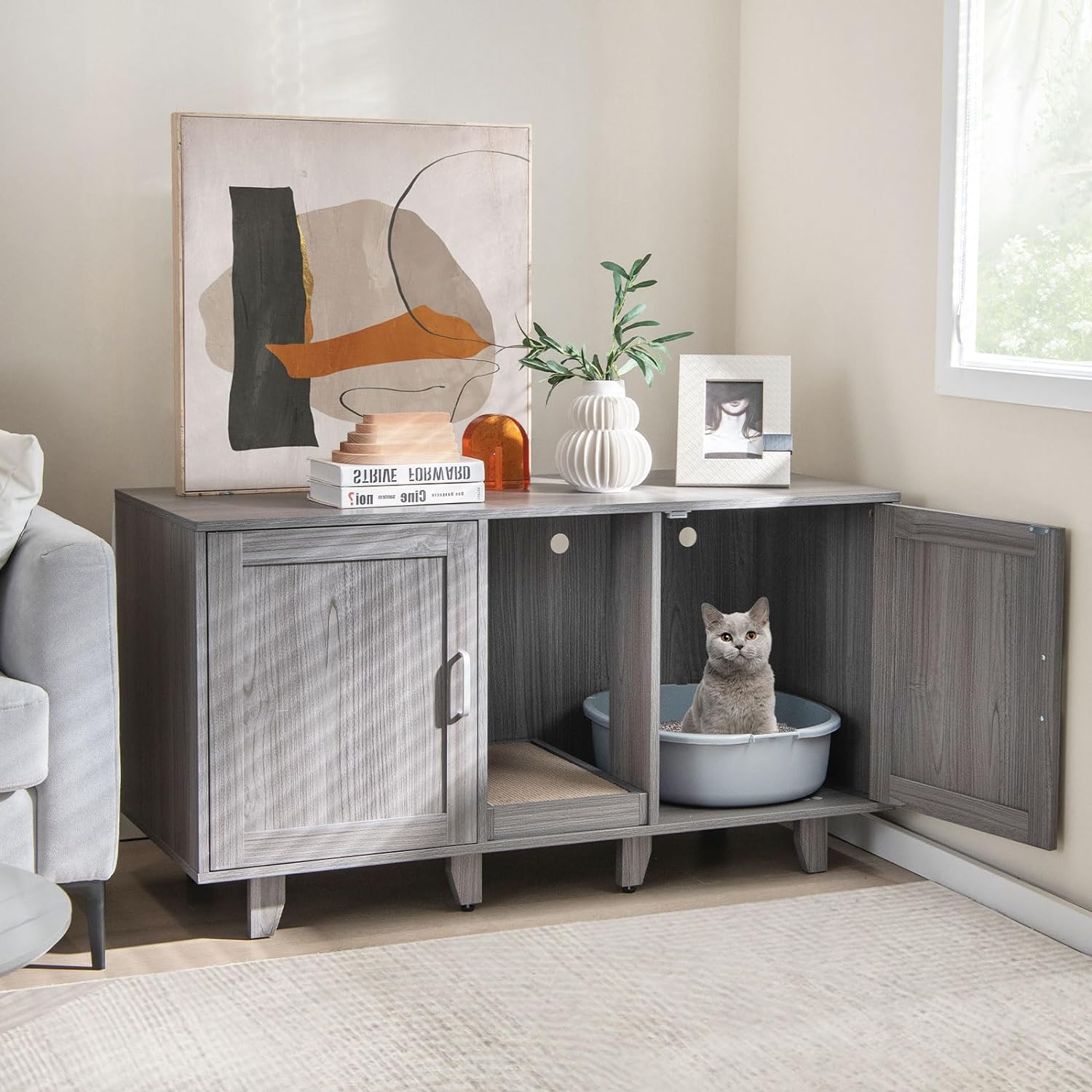 Caixa de Areia para Gatos 3 em 1, Móvel para Gatos com 2 Portas, Pernas Removíveis e Arranhador Removível Placa, Casa Interior para 2 Gatos - 2