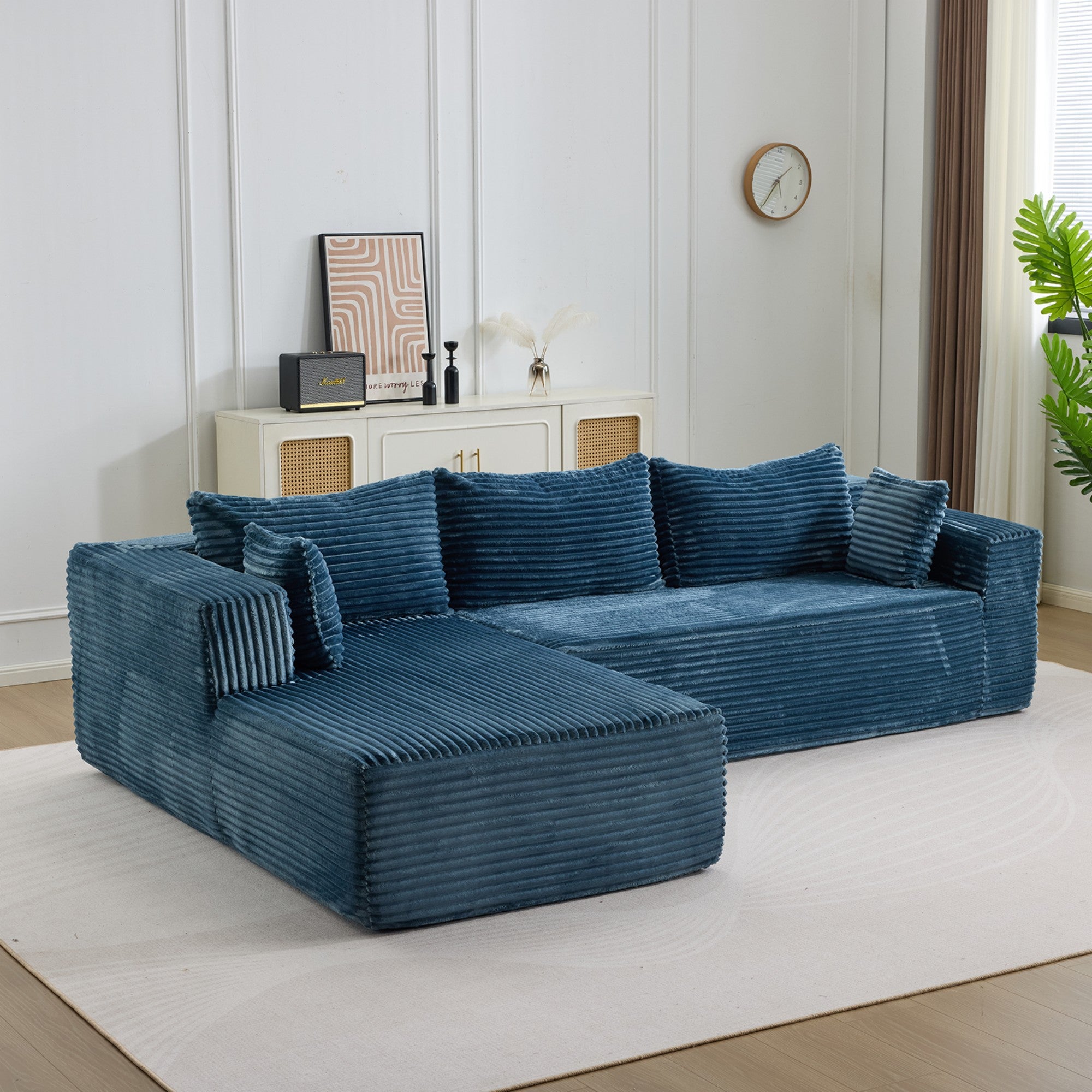 Ensemble de canapés modulaires en velours côtelé, ensemble de canapés en L sur pied, prêt à assembler, adapté aux salons, bleu - 2