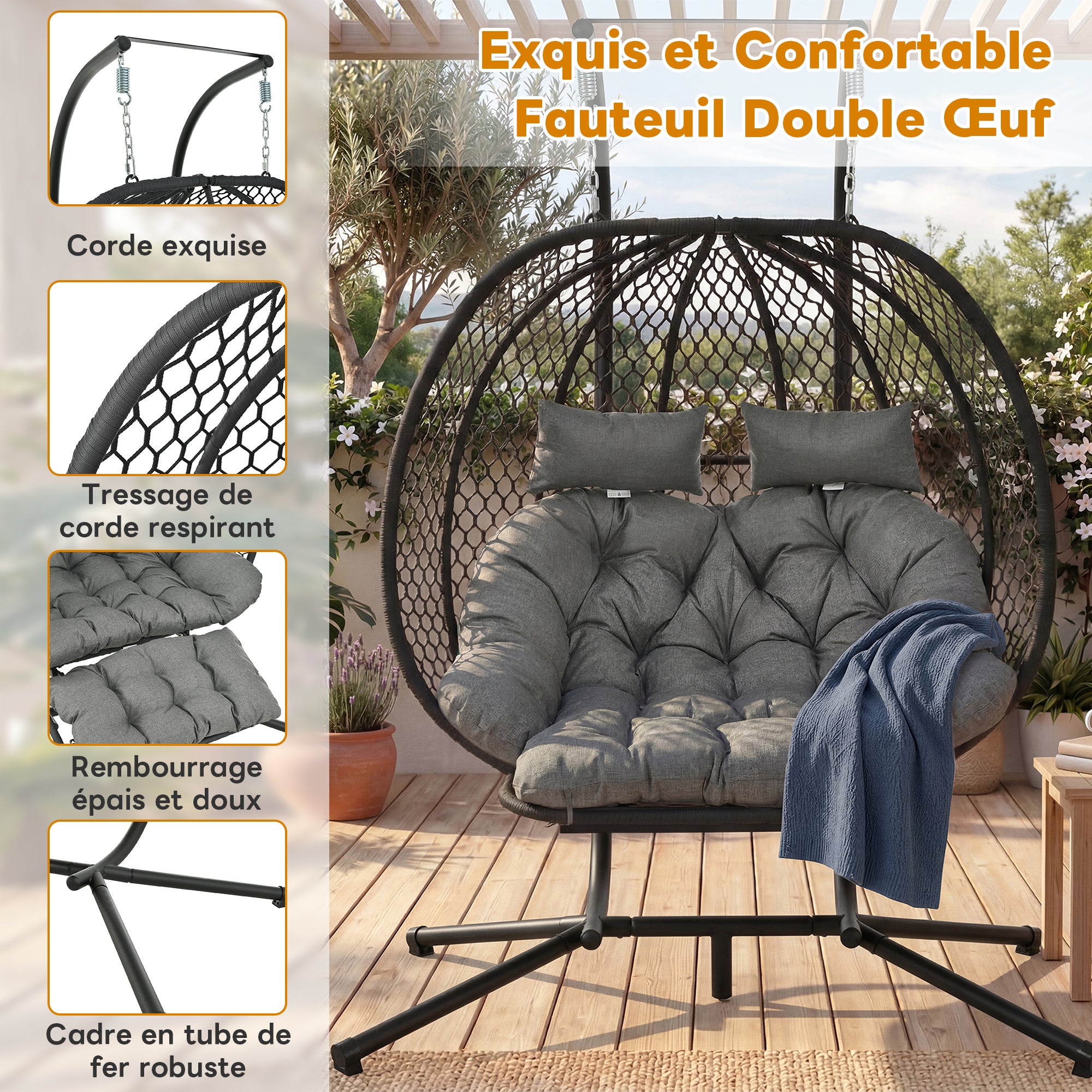 Fauteuil suspendu œuf avec pied, balancelle hamac extérieur avec repose-pieds et coussins, fauteuil à bascule double,structure acier, gris - 7