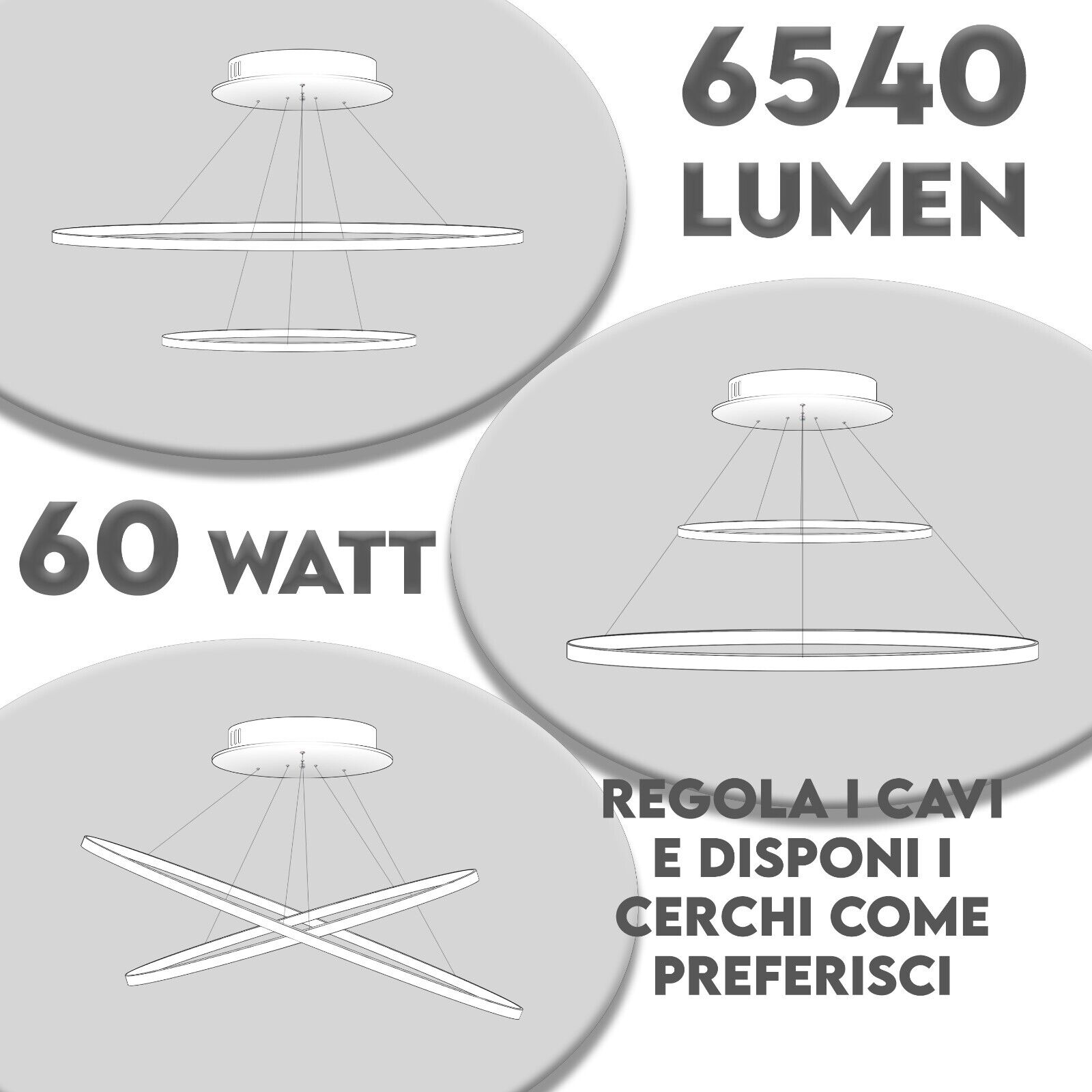 Maka Lampadario design LED a sospensione Moderno risparmio energia potente regolabile adattabile in ogni ambiente 6540lm 60x40x100 2 cerchi 60W 6500K - 4