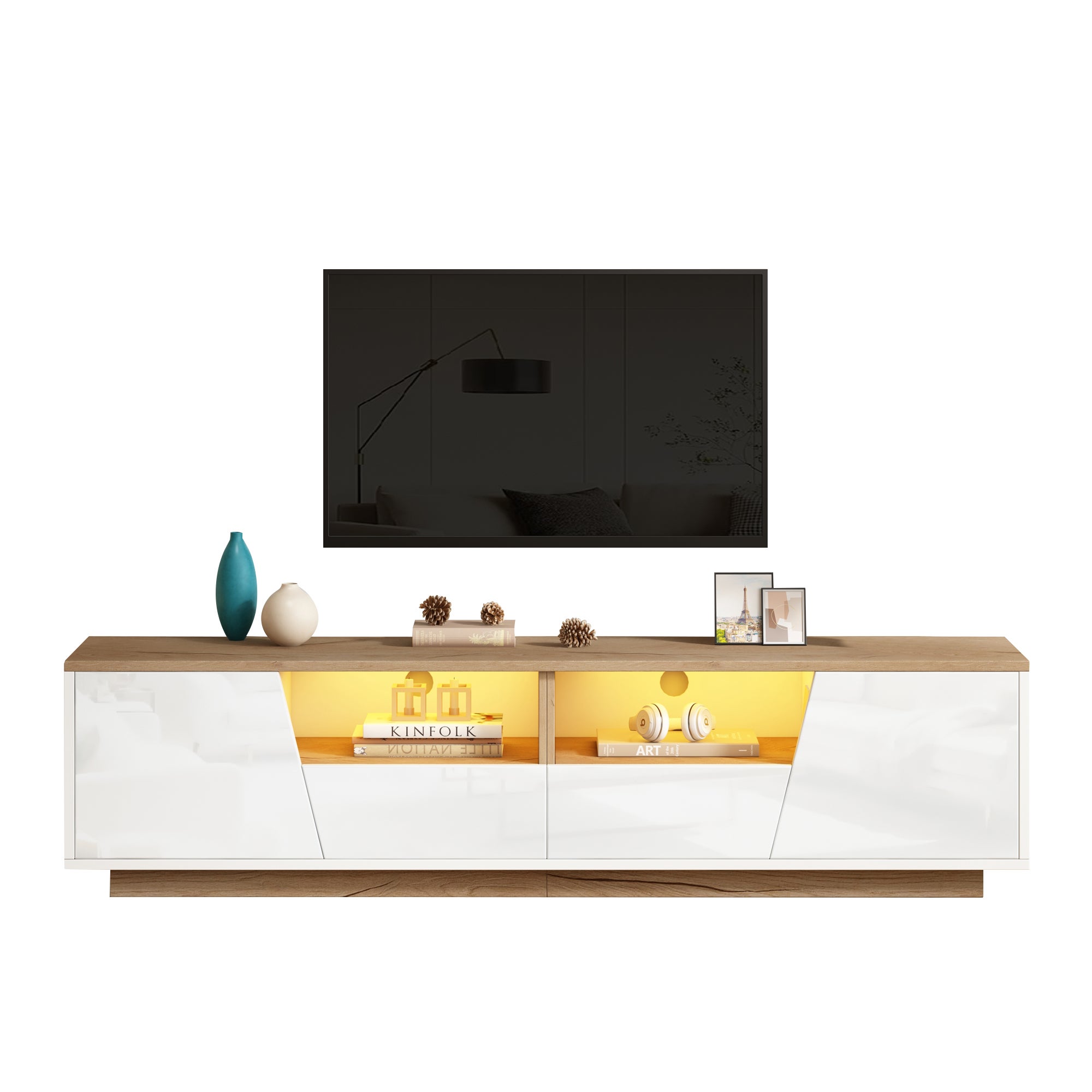 Meuble TV avec 2 portes et 2 tiroirs pour téléviseurs 75 pouces - 180 x 40 x 46 cm - Panneau de particules - Blanc + naturel - 7