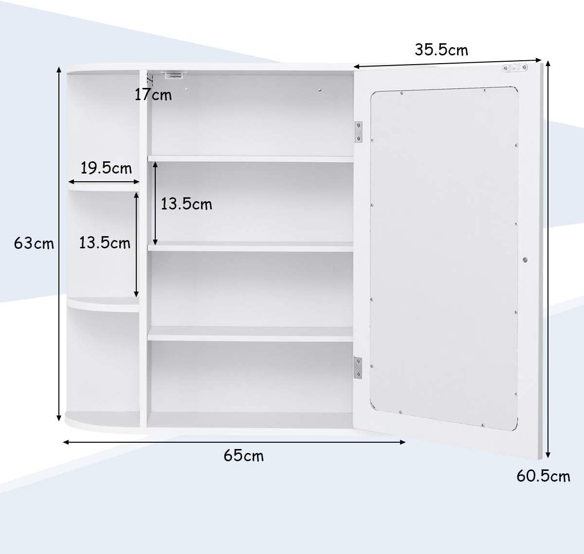 Armario del Baño con Espejo, Armario Montado a la Pared, Armario de Madera Colgado con Repisas Regulables y Compartimientos Abiertos, Botiquín - 5