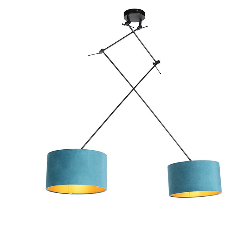 Lampa wisząca czarna z niebieskimi i złotymi abażurami z weluru 35 cm 2-światłowa - Blitz