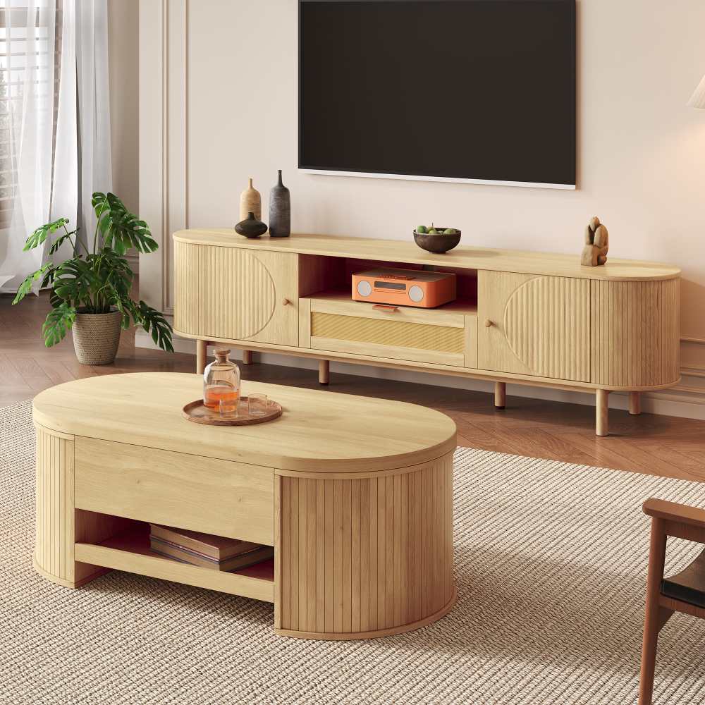 Ensemble salon avec table basse relevable et meuble TV, design moderne, rangements, bords arrondis, vendus séparément - 9