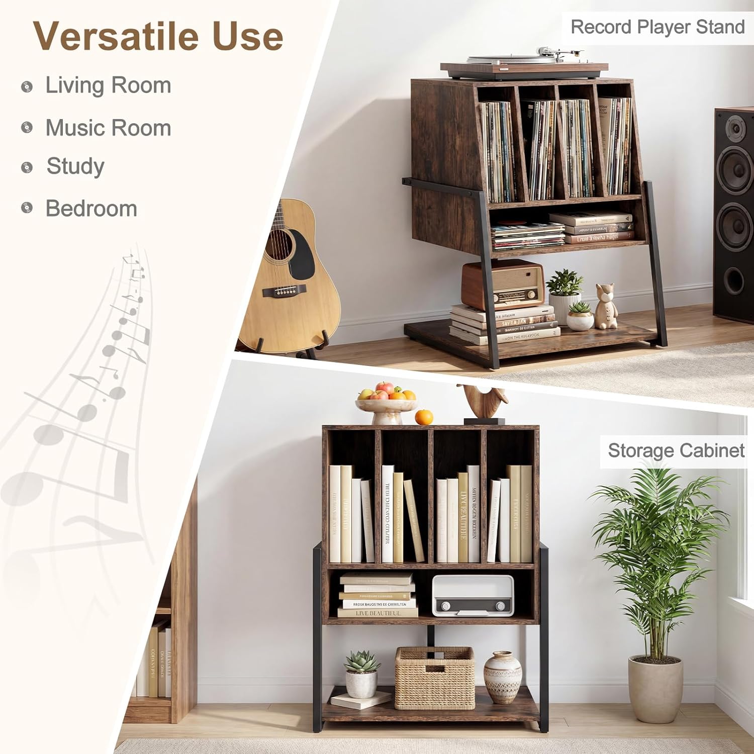 Meuble Platine Vinyle jusqu'à 180 Vinyle, 4 roulettes Inclus, Étagères, 5 Compartiments, Support Tourne Disque pour Albums, Manga, Livres, Marron - 5