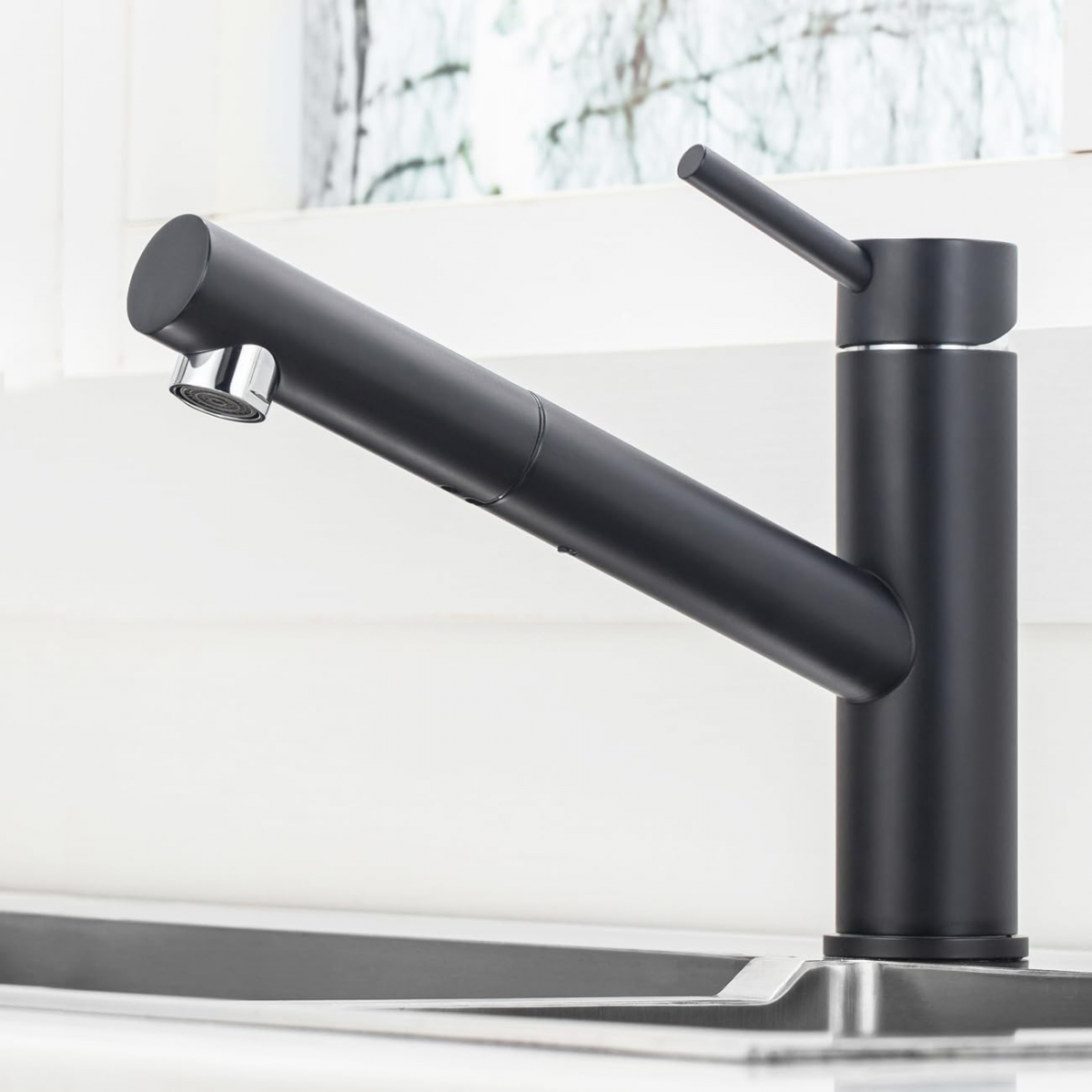 Grifo de cocina negro con ducha de 2 jets a elección, mezclador de fregadero extraíble giratorio a 360°, grifería caliente y fría ajustable en