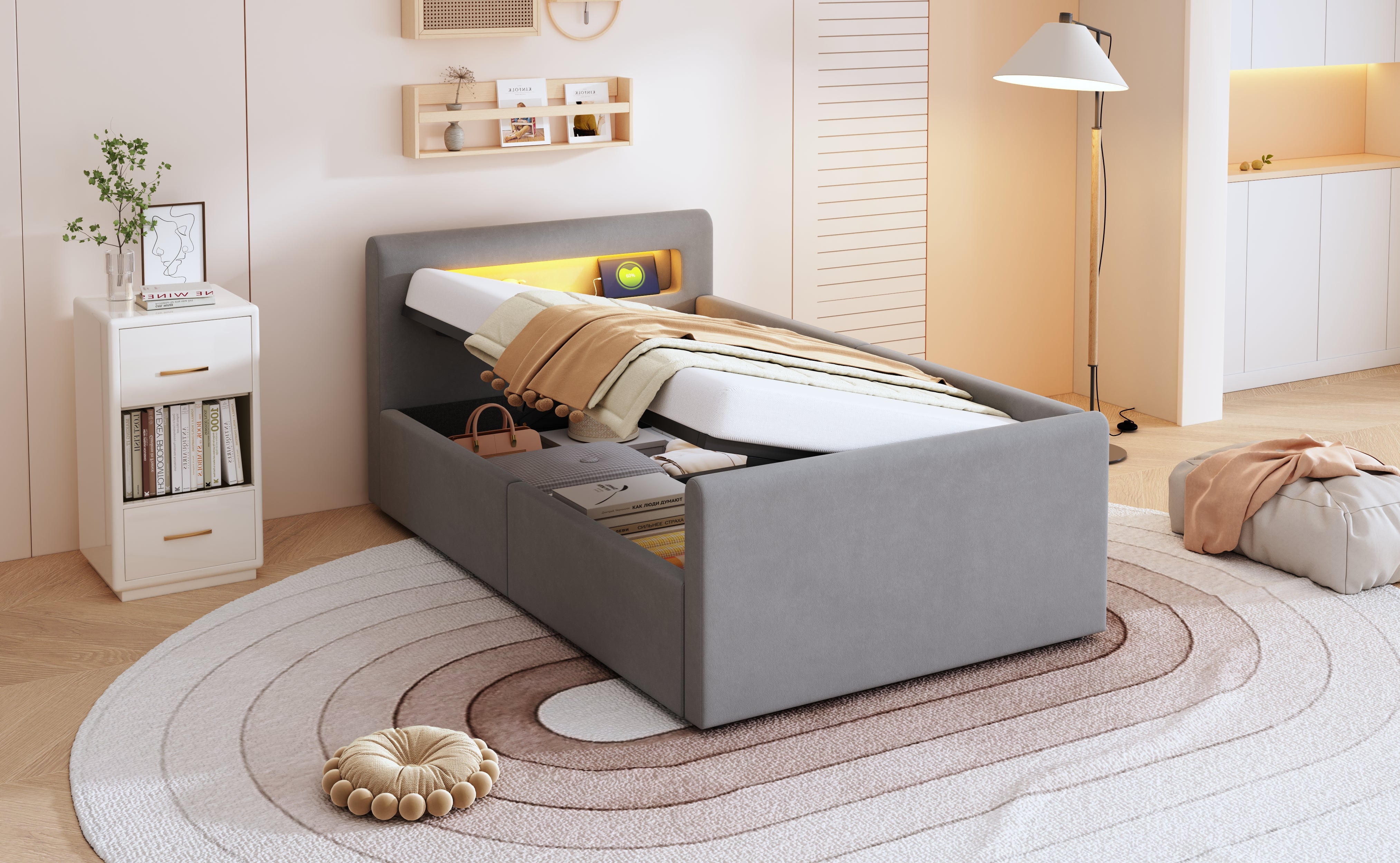 Lit enfant rembourré 90x200 cm, avec éclairage LED, veilleuse et port de charge USB, étagère, espace de rangement, lit simple, gris clair - 8