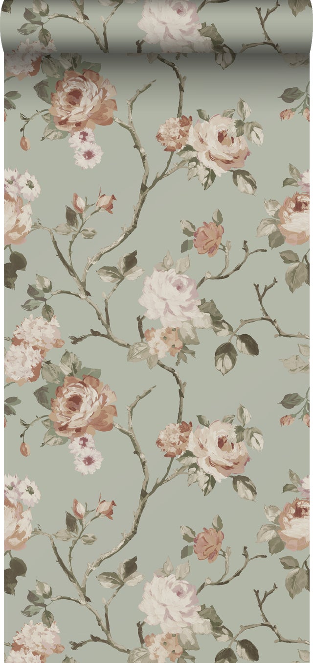Papier peint fleurs vintage vert menthe grisé et rose clair - 53 cm x 10.05 m - ESTAhome