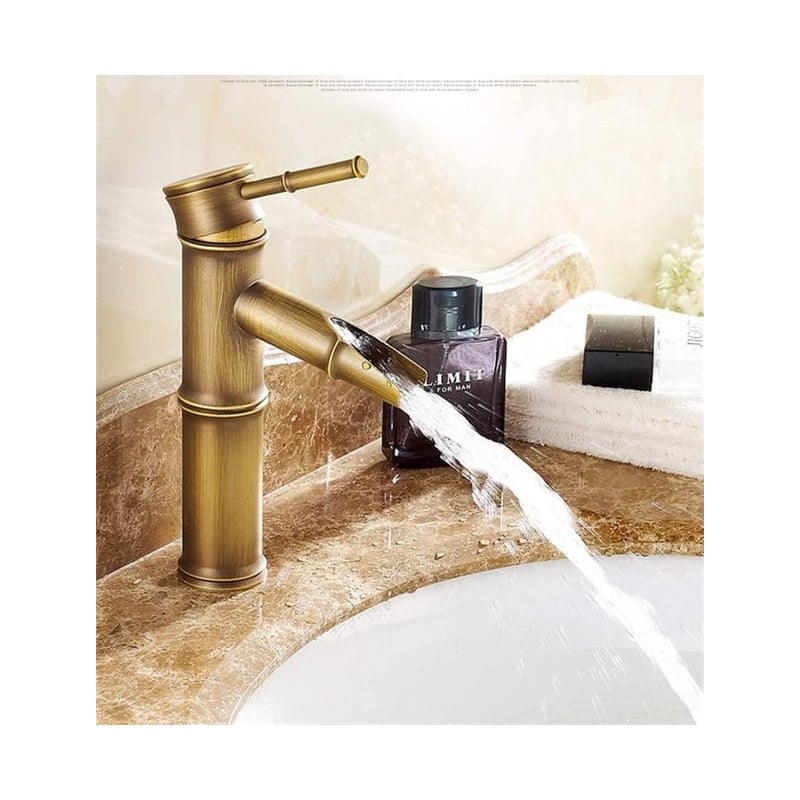 Bateria umywalkowa typu wodospad w kształcie bambusa, jednootworowa, na wodę ciepłą i zimną, antyczna (wysokość: 208 mm)