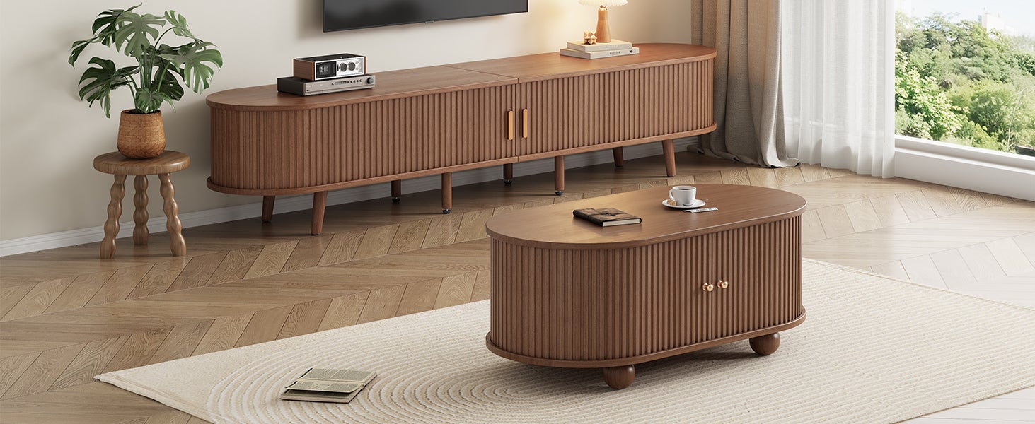 Ensemble Meuble TV + table basse - Portes coulissantes - 175 x 40 x 42 cm - MDF - Noyer - 8