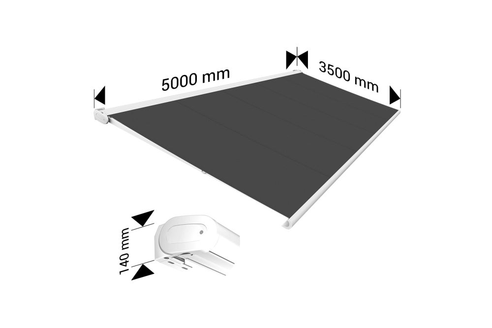 Store banne Coffre intégral PROTECT 2 LED SMART Blanc 5x3,5m Motorisé à télécommande + Capteur Vent + Eclairage LED - Toile Grise Anthracite - 4