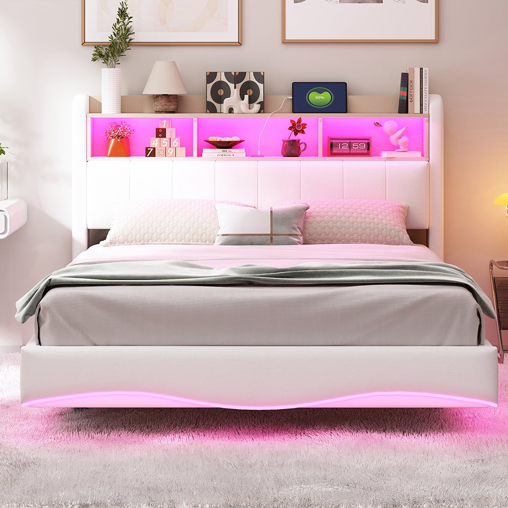 Łóżko tapicerowane 140*200 w konstrukcji podwieszanej, tkanina lniana, z oświetleniem LED, portami USB i TYPE-C, beżowe