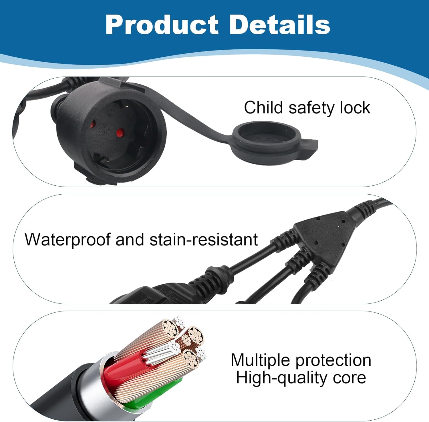 Rallonge extérieure 16 A avec 3 prises Schuko, étanche IP44, multiprise 250 V pour jardin, terrasse ou bureau, câble de protection flexible - 2