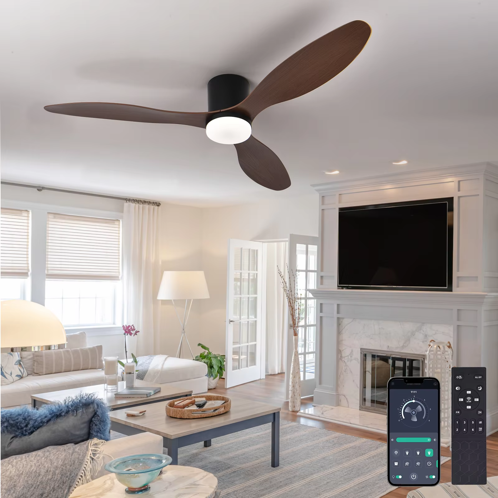 Ventilateur de plafond avec lumière, télécommande/contrôle par application, 6 vitesses de ventilation, minuterie, gradation continue (132 cm) - 2