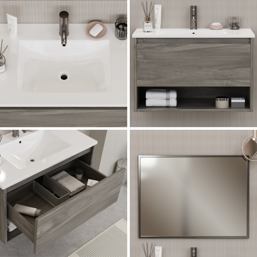 Meuble de salle de bain suspendu avec lavabo et miroir sous lavabo 80 cm avec tiroir et compartiment, gris chêne - ZIK - 6