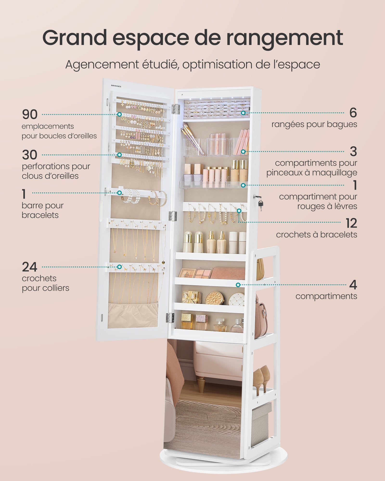 Armoire à Bijoux, Rangement à Bijoux, Miroir Intégral, 4 Étagères de Rangement, Éclairage Intégré, Rotation à 360°,Blanc - 3