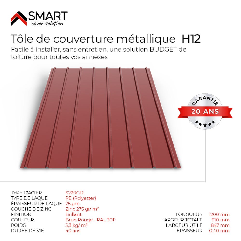 Tôle bac acier - Toiture - Couverture - plaque H12 Coloris Brun Rouge ...