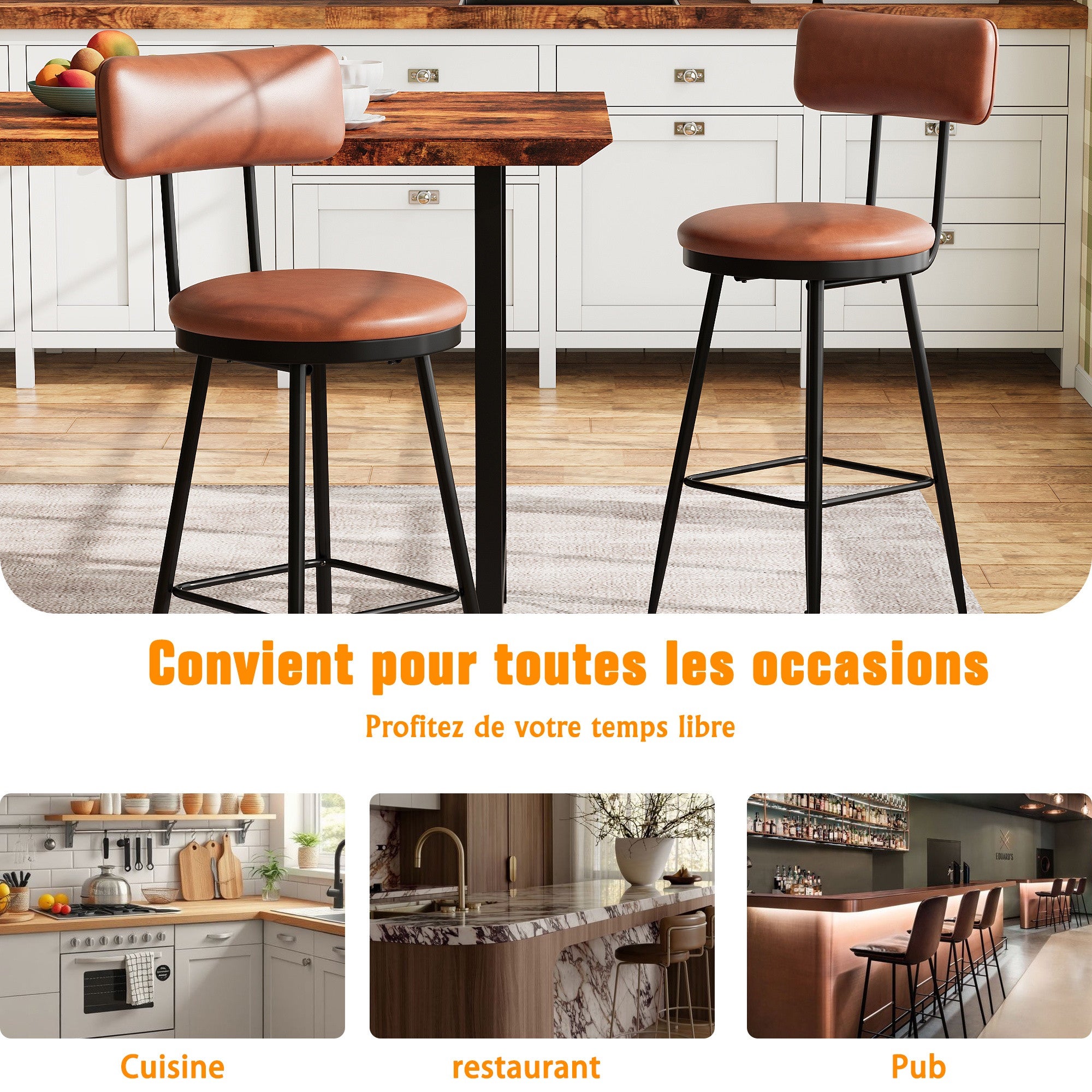 Lot de 4 Tabourets de Bar - Chaise Haute de Cuisine avec Dossier et Repose-pieds - Design Rétro et Robuste - en PU Marron - 7