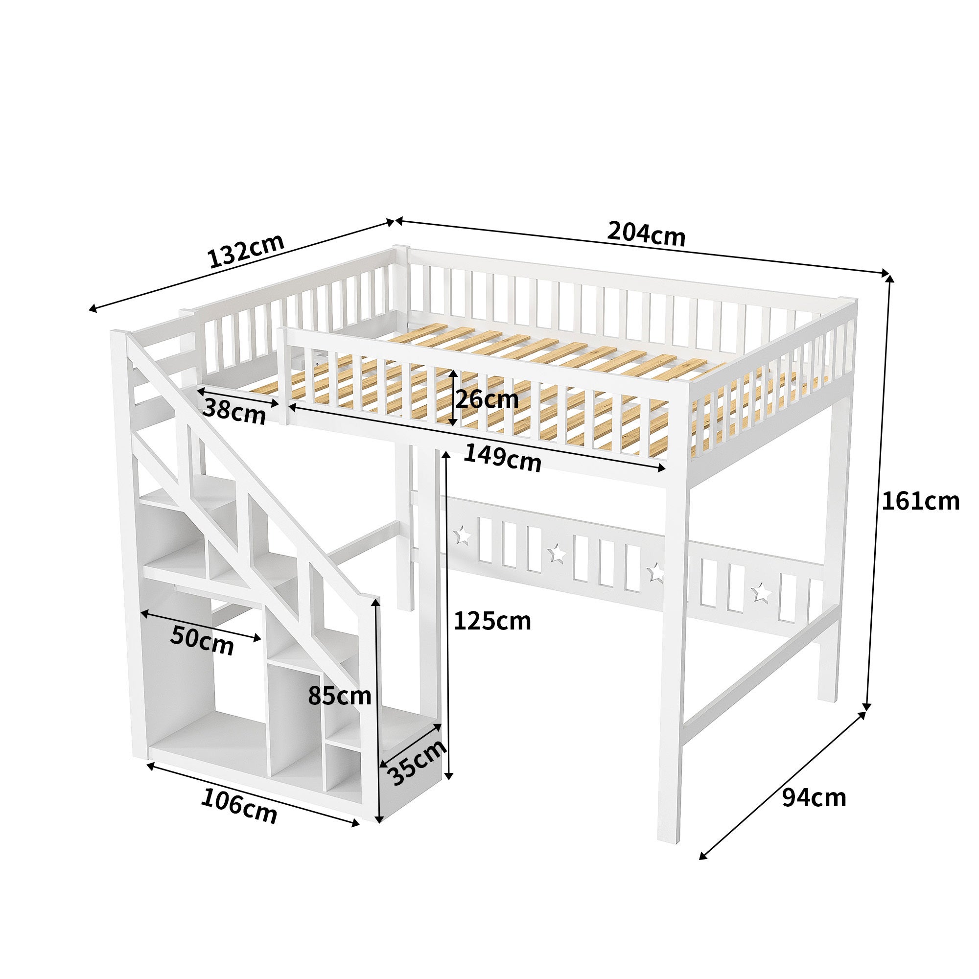 Lit mezzanine 90x200cm - lit enfant avec escalier avec meuble de rangement - en bois massif - clôture haut - blanc - 4