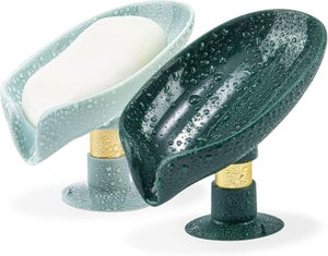 Set Da 2 Portasapone In Ghisa A Forma Di Foglia Con Fori Di Drenaggio – Antiscivolo Con Ventosa Per Doccia E Lavandino – 13.2x8.6cm