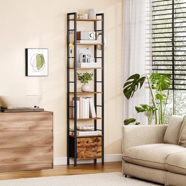 Librería de 7 Niveles, 1 Cajones de Tela Plegables, Estantería Abierta, 24 x 40 x 198,8 cm, para Estudio, Salón, Dormitorio, Marrón Rústico