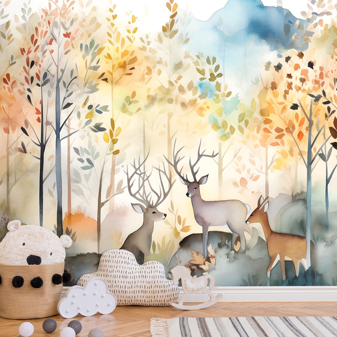 Papier Peint Enfant Forêt Animaux Cerf Intissé Panoramique 300x210 cm - Colle Inclus - Chambre Enfant - Moderne Trompe l'oeil - 3
