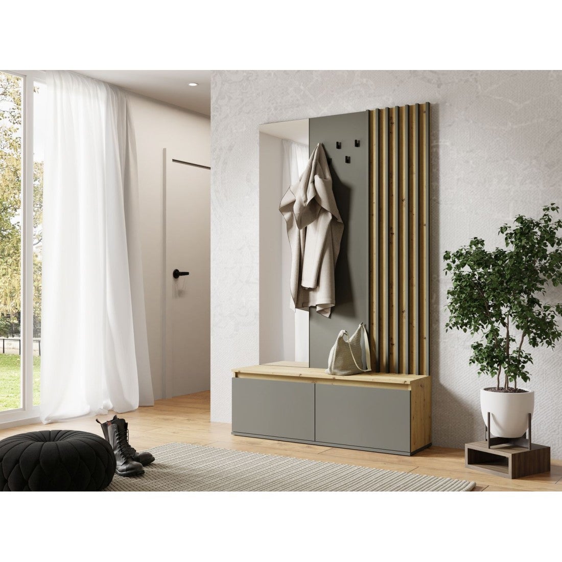 Ensemble meuble d'entrée avec porte-manteau et miroir + commode - Collection NEMO - 6