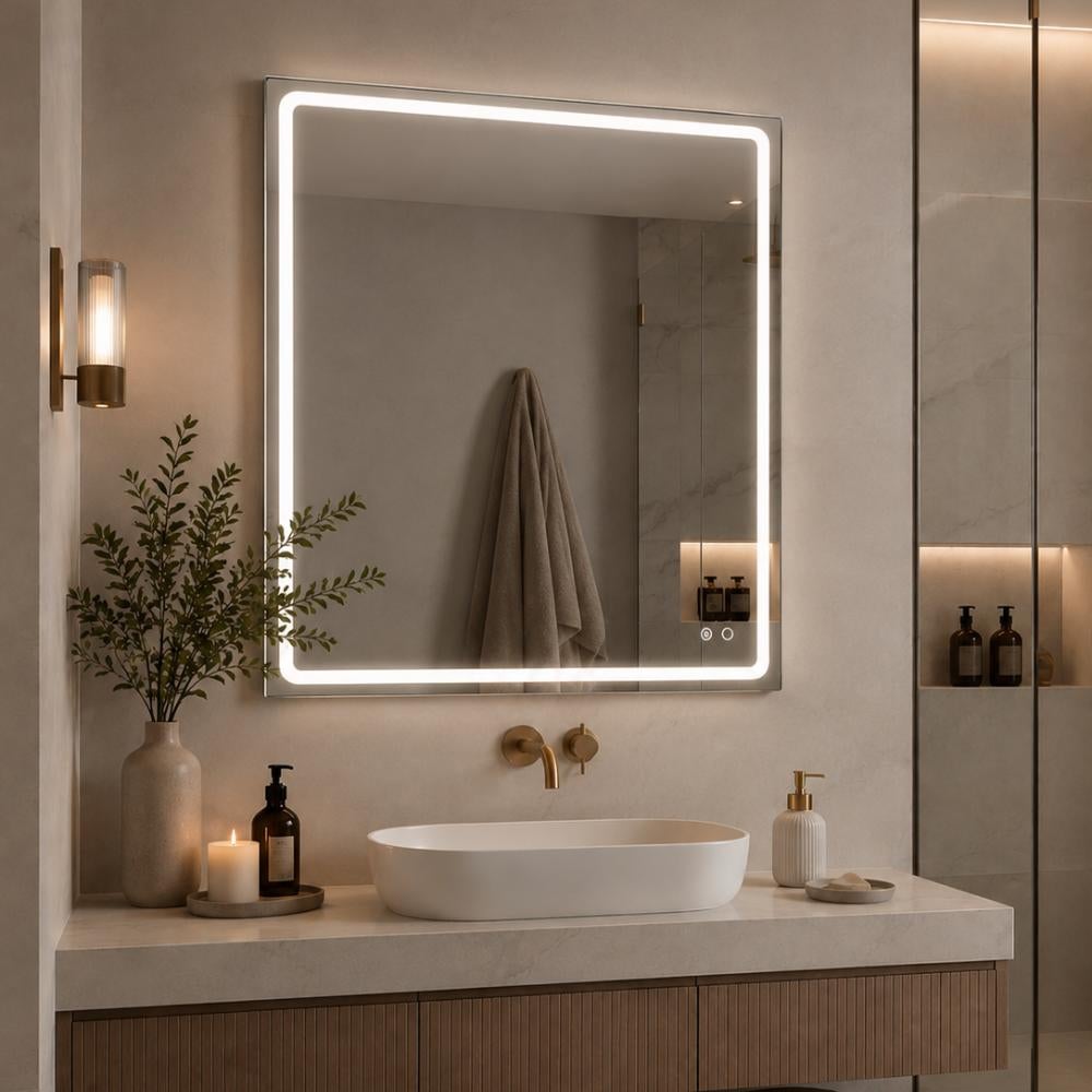 Specchio LED da Bagno Rettangolare - Sensore di Accensione/Spegnimento e Antiappannamento - Luce Bianca Fredda (5700K) - 80x80cm | Modello MIA AV - 2